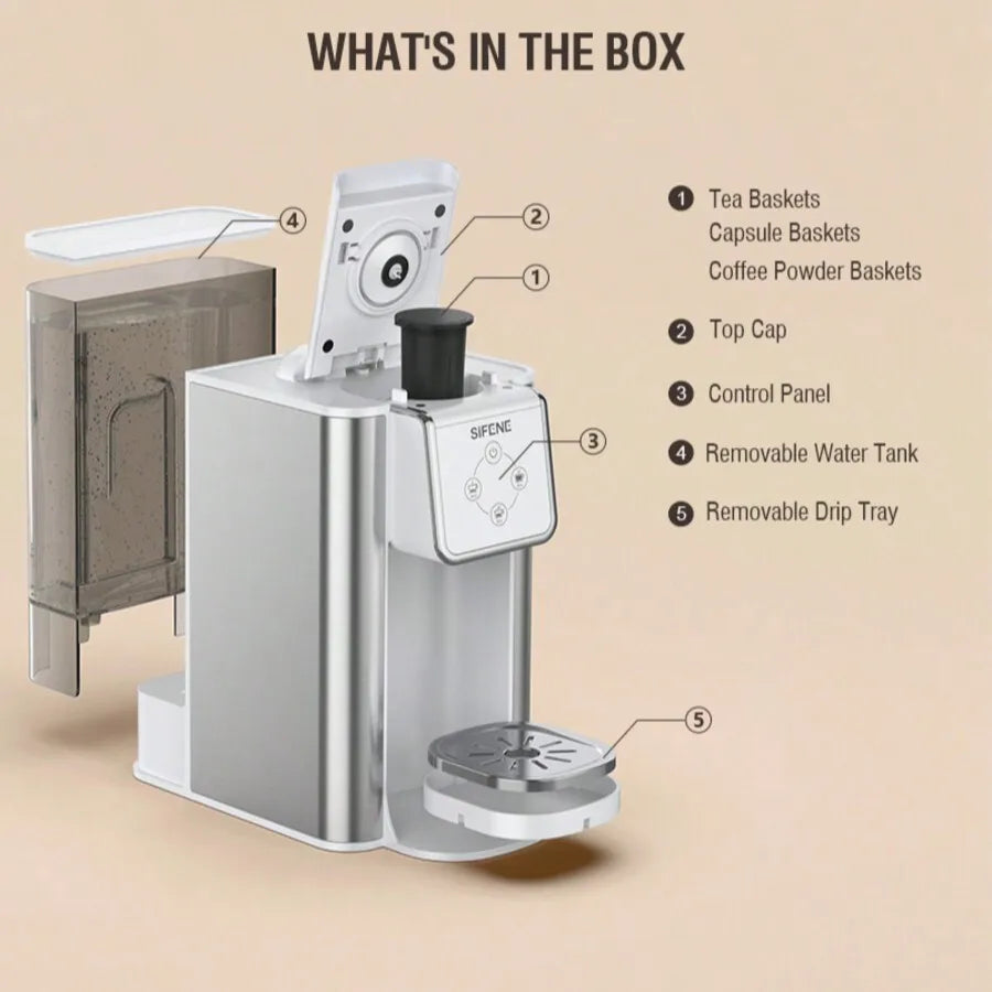 SiFENE Coffee Machine, 3 In 1 Single Serve Coffee Maker, Personal Coffee For K-Pod Capsule, Loose Leaf Tea Ground Coffee, 50oz R