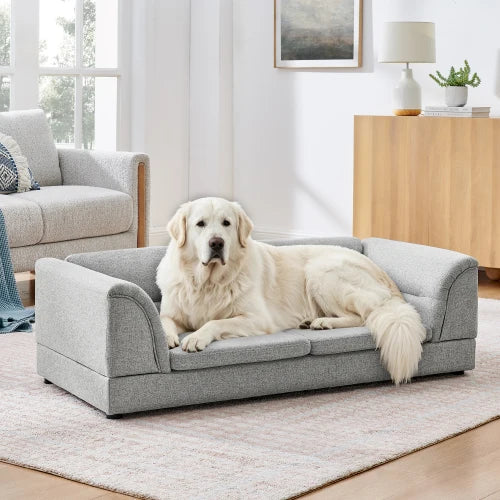 Oversized Pet Sofa Bed for Large Dogs, Olive Green Linen Fabric Dog Couch with Curved Armrests, Raised Minimalist Pet Furniture for Cats & Dogs