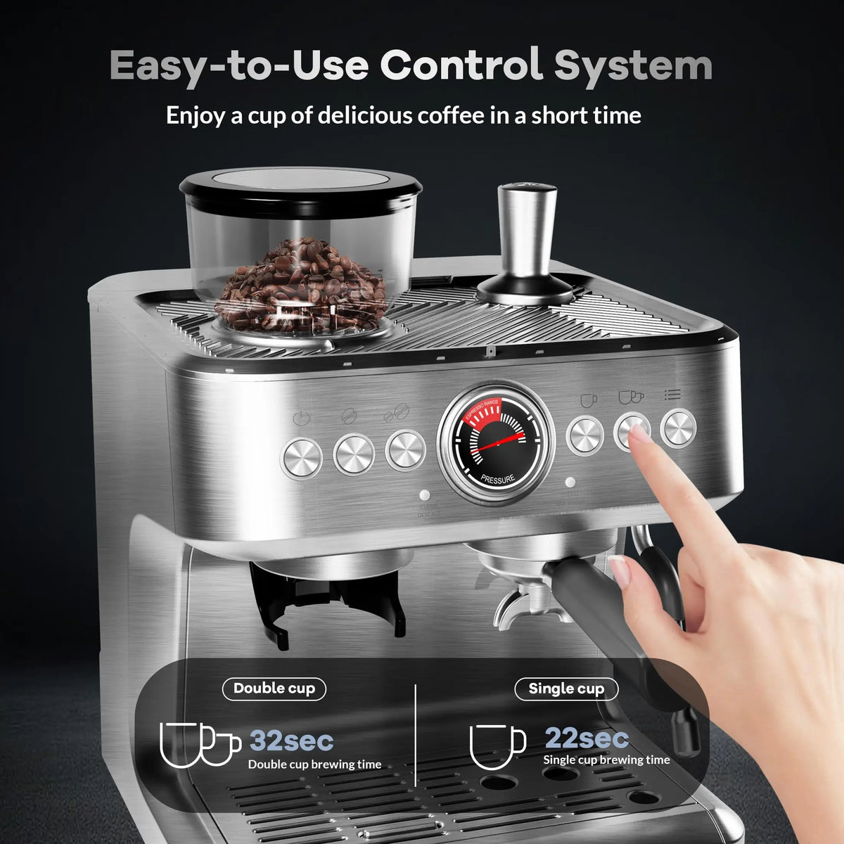 20 Bar Espresso Machine with Grinder & Milk Frother, Coffee Machine with 96Oz Removable Water Tank, Professional Espresso Maker for Home Café, Stainless Steel Coffee Maker for Cappuccino, Latte