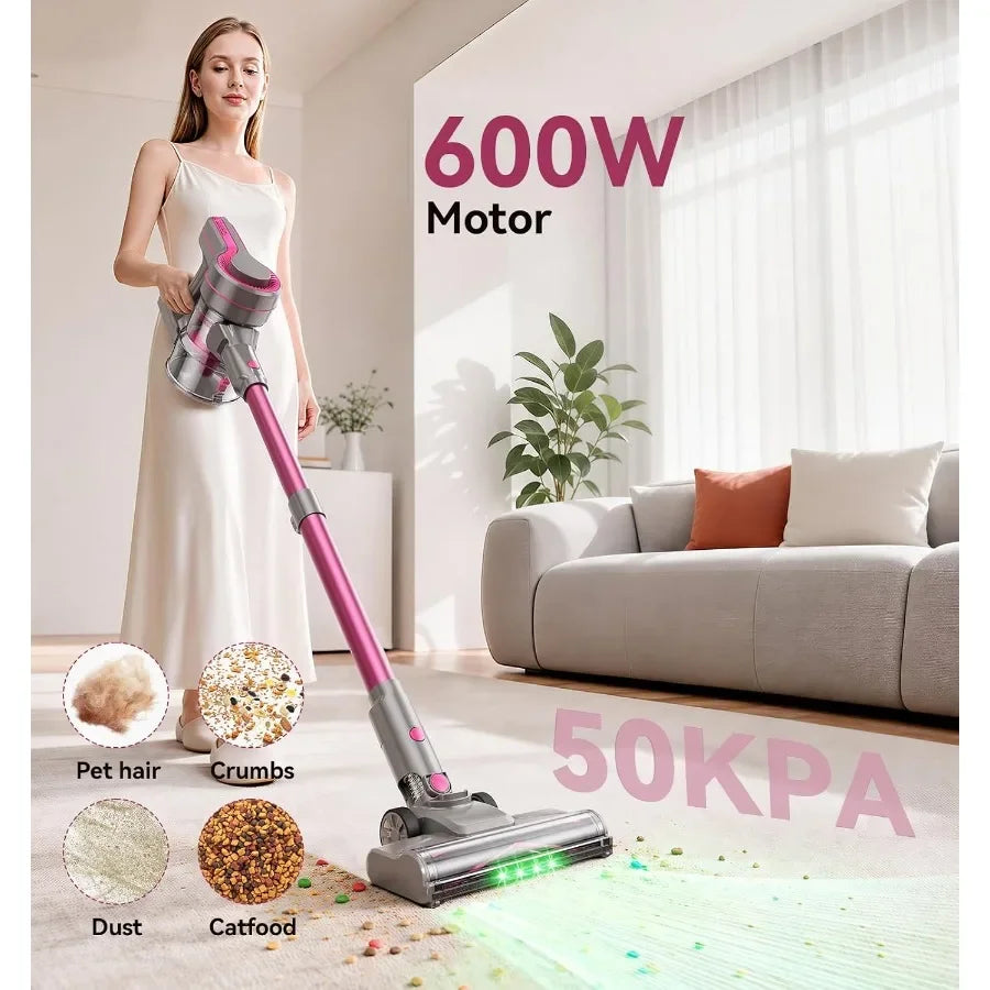600W/50Kpa Cordless Vacuum Cleaners for Home, 50Mins Stick Vacuum with Self-Standing, Anti-Tangl, Lightweight Wireless Vacuum F