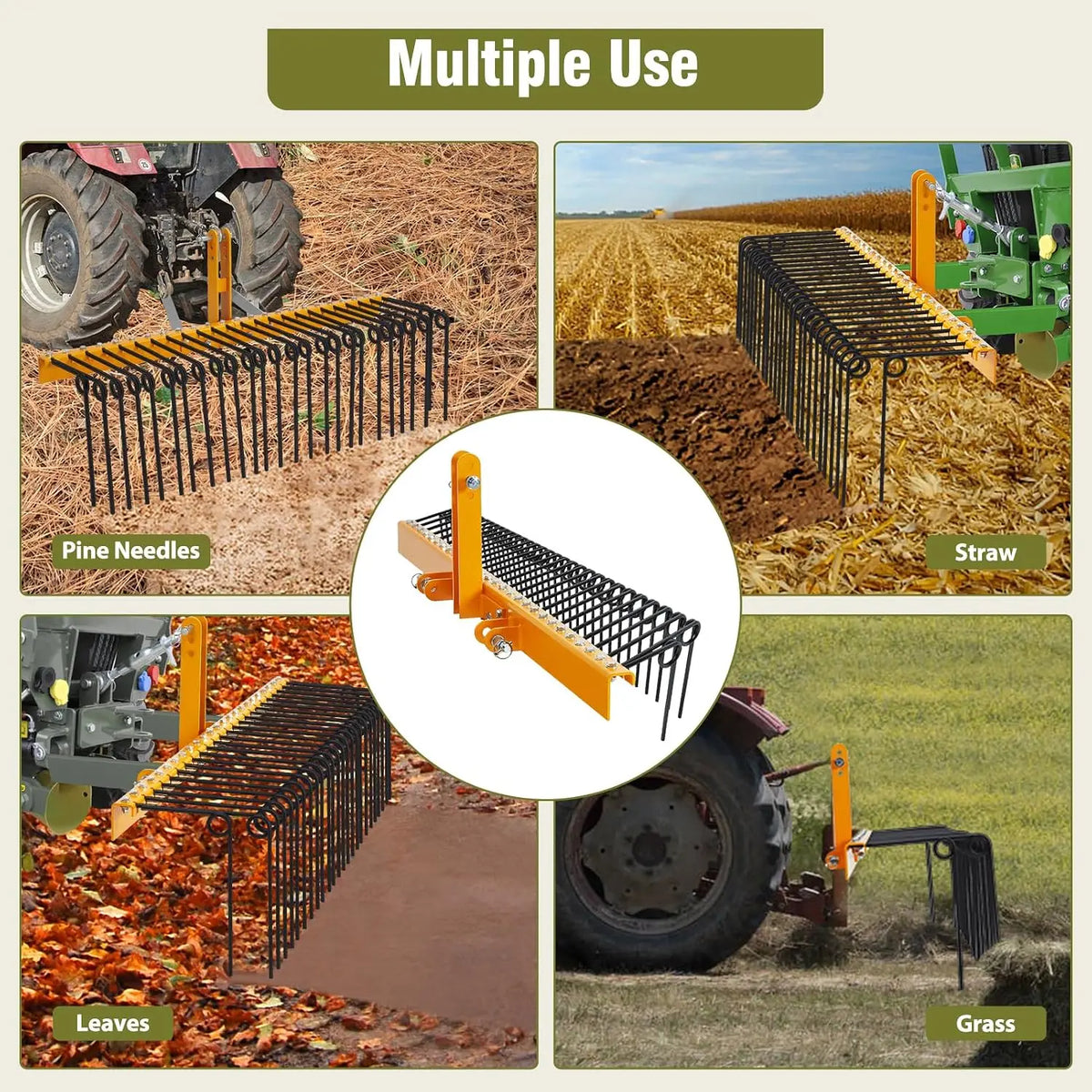 72inch Farming Rake Rake Pine Soil Rake with 30 Spring Tines Powder-Coated Steel Landscape Rake for Leaves, Grass & Dethatching – Fits Cat-0/Cat-1 Tractors with 3-Point Hitch