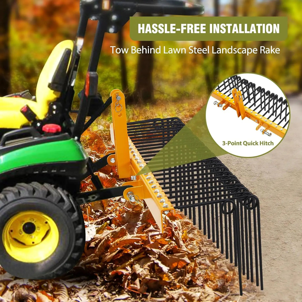 72inch Farming Rake Rake Pine Soil Rake with 30 Spring Tines Powder-Coated Steel Landscape Rake for Leaves, Grass & Dethatching – Fits Cat-0/Cat-1 Tractors with 3-Point Hitch