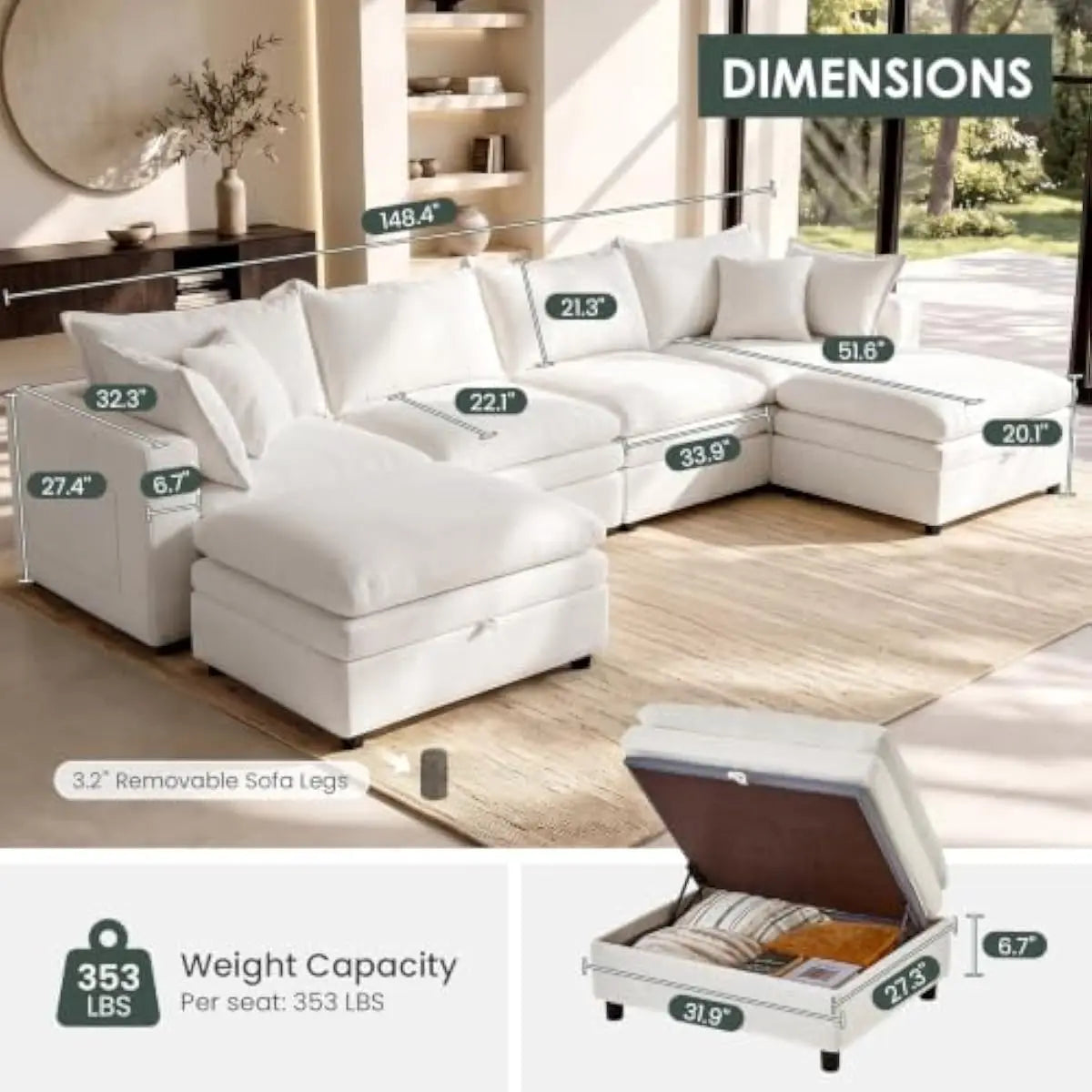 149-inch Extra-Wide U-Shape Sectional Sofa with Deep Seating and Detachable Ottoman • Premium Down-and-Foam Cushions • Solid Har