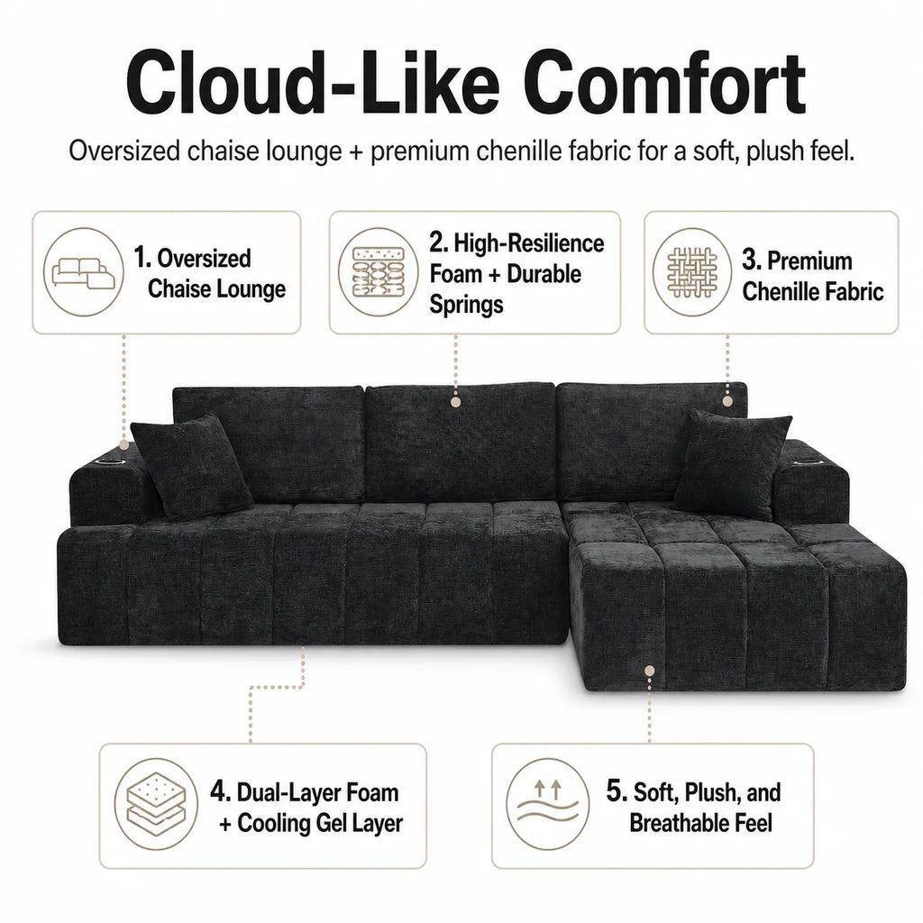 108 Inch L Shaped Boneless Sectional Sofa with Chaise Lounge Cup Holders and Side Storage Pockets Chenille Sofa for Apartment and Home