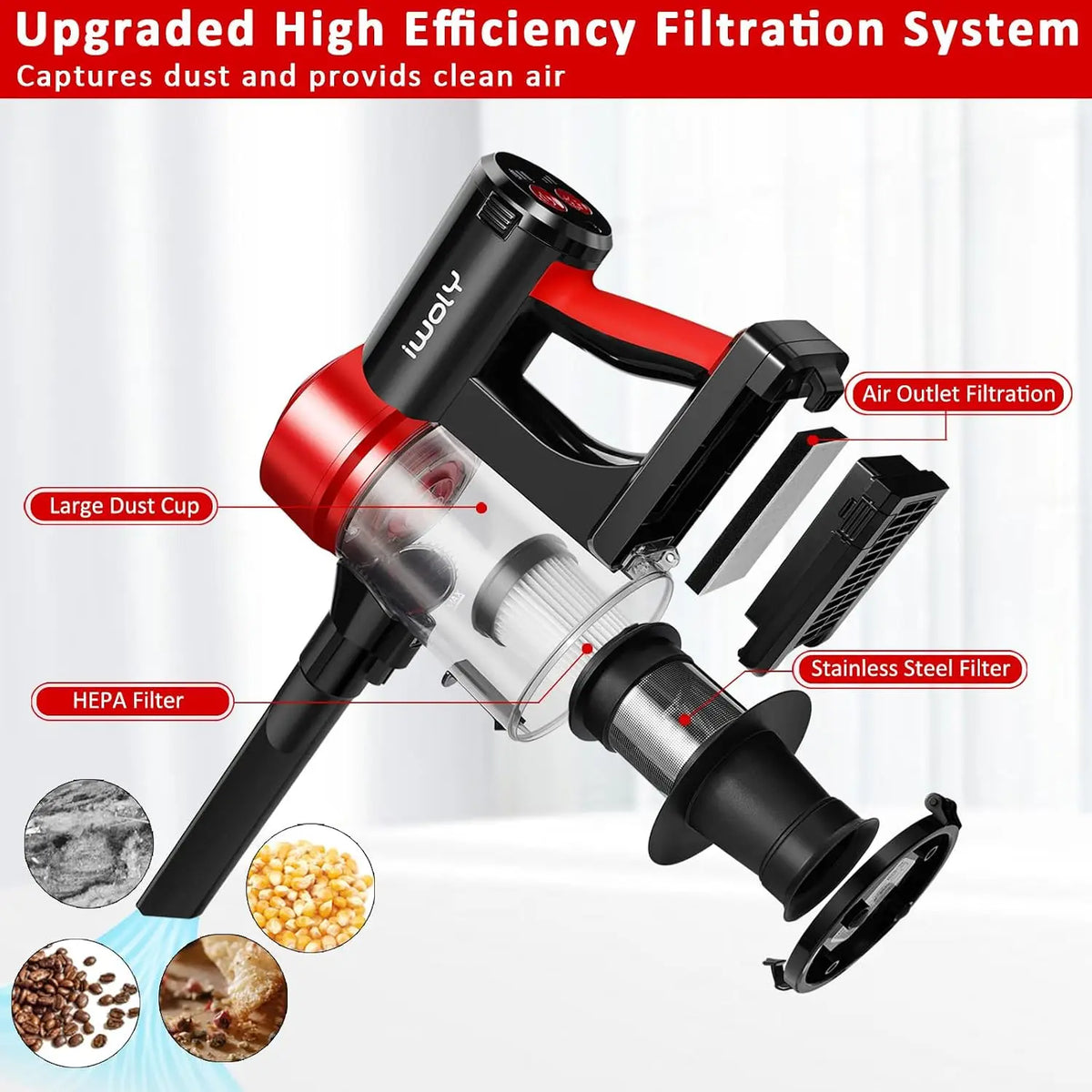 Iwoly C150 Cordless Vacuum Cleaner with 2200mAh Rechargeable Battery, 18000Pa Cyclone Vacuum with HEPA Filter, Lightweight Portable Handheld Stick Vacuum for Home Hard Floor Car Cleaning