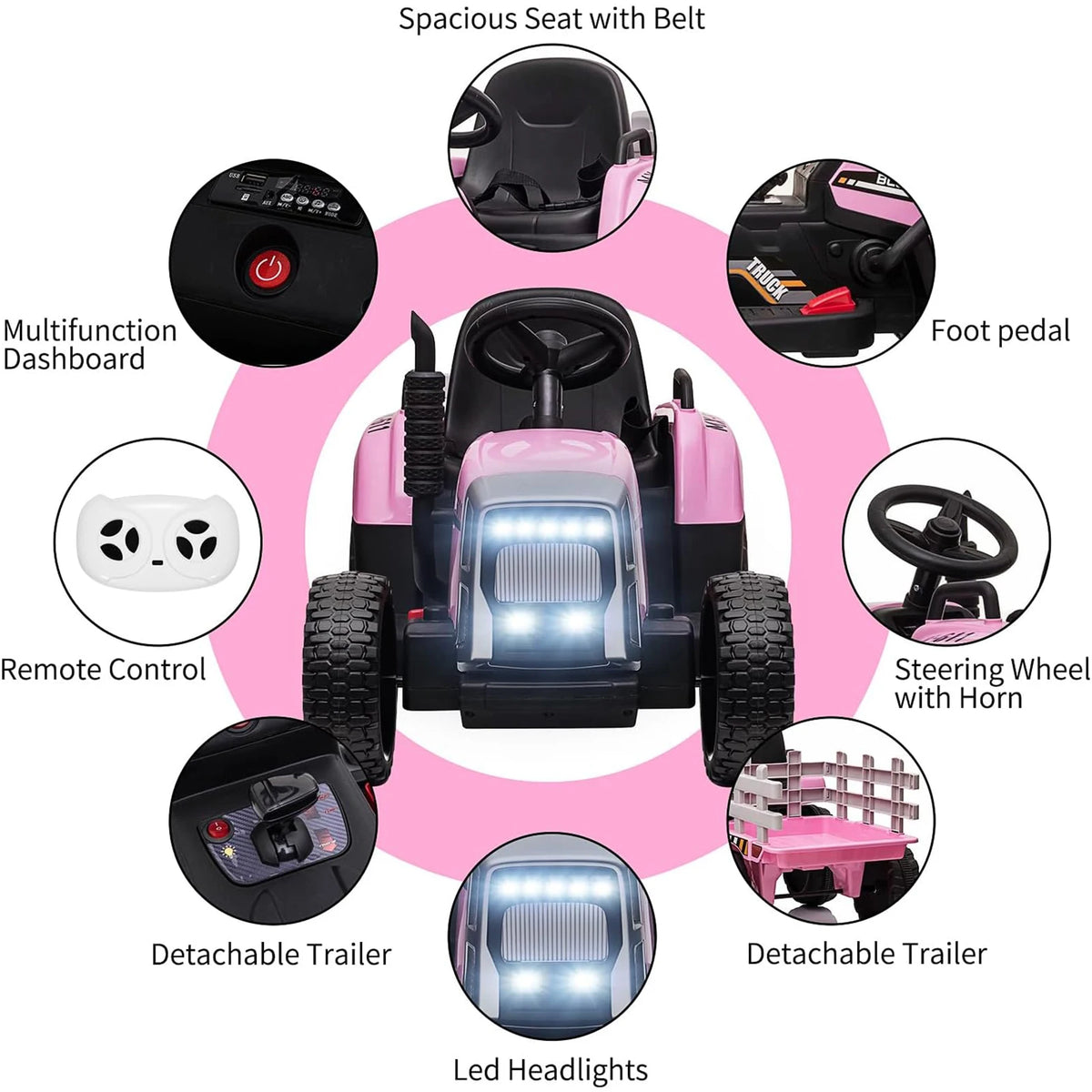 12V Kids Ride On Tractor With Trailer, Parent Remote Control, 35W Motor, EVA Tires, LED Lights, MP3 USB, 5 MPH Electric Car