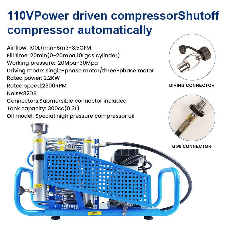 TUXING 4500psi PCP Air Compressor 300Bar Four-stage High Pressure Compressor for Diving Scuba Snorkeling Fire Fighting 100L/min