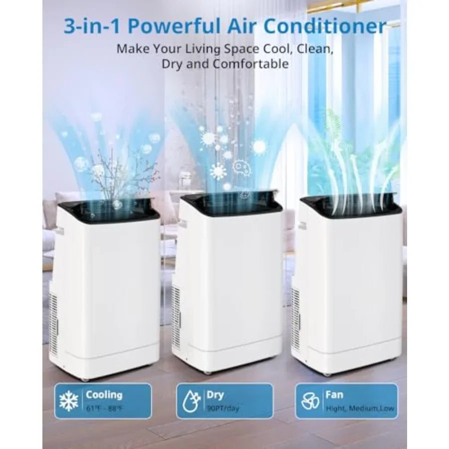 Portable air conditioner for home use, aluminum housing, white color, 14000 BTU cooling capacity with remote control, 3-in-1 fu