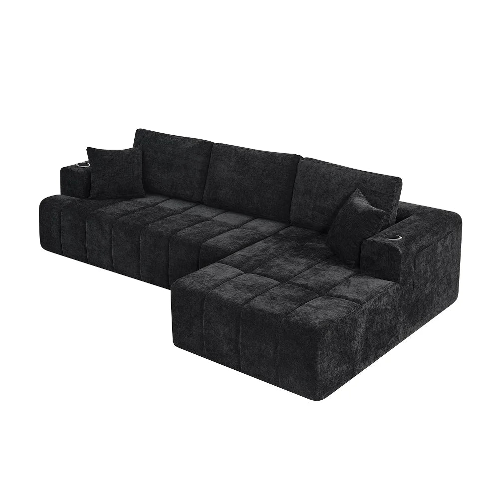 108 Inch L Shaped Boneless Sectional Sofa with Chaise Lounge Cup Holders and Side Storage Pockets Chenille Sofa for Apartment and Home