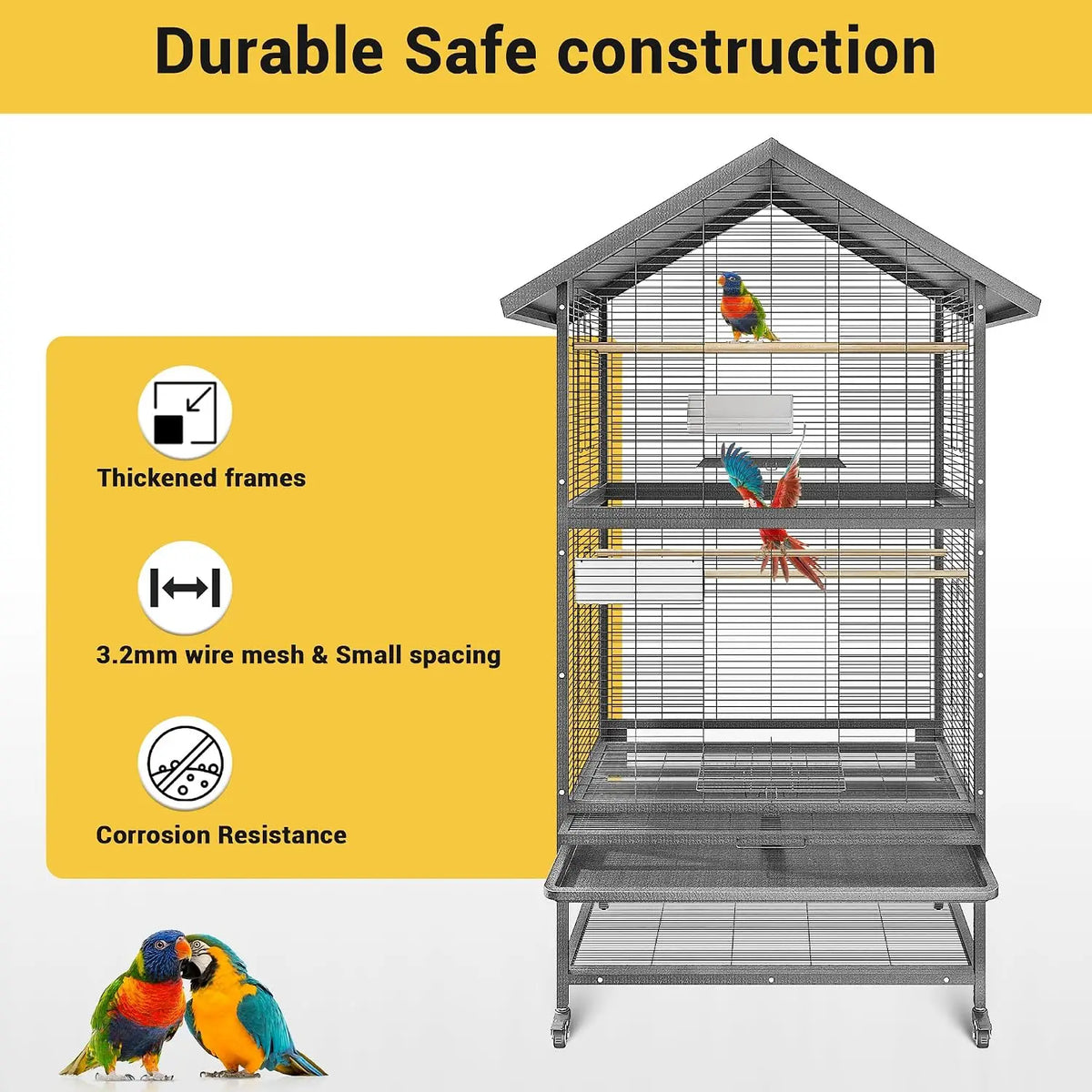 65.7inch Luxury Large Wrought Iron Bird Cage with Rolling Stand, Tray, Feeders, Perches Metal Steel Corner Parrot Canary Aviary Pet House Indoor Outdoor Use