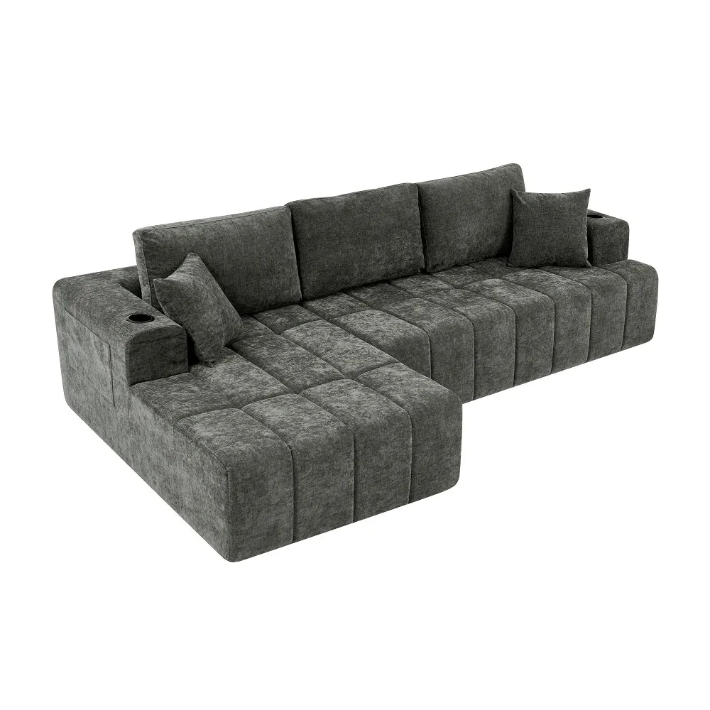 108 Inch L Shaped Boneless Sectional Sofa with Chaise Lounge Cup Holders and Side Storage Pockets Chenille Sofa for Apartment and Home