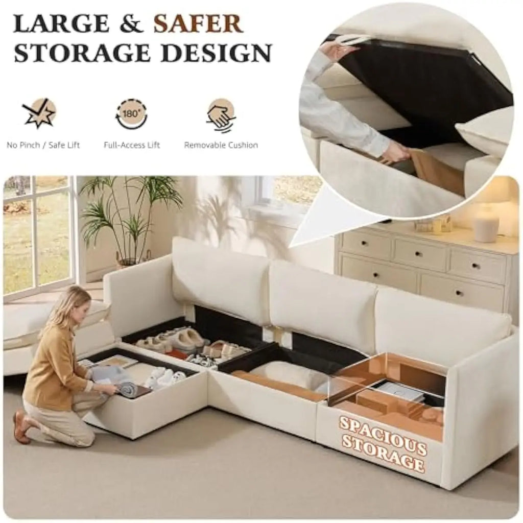 103-inch L-shaped modular sectional sofa with concealed under-seat storage compartments, deep 25-inch chenille seating, dual-lay