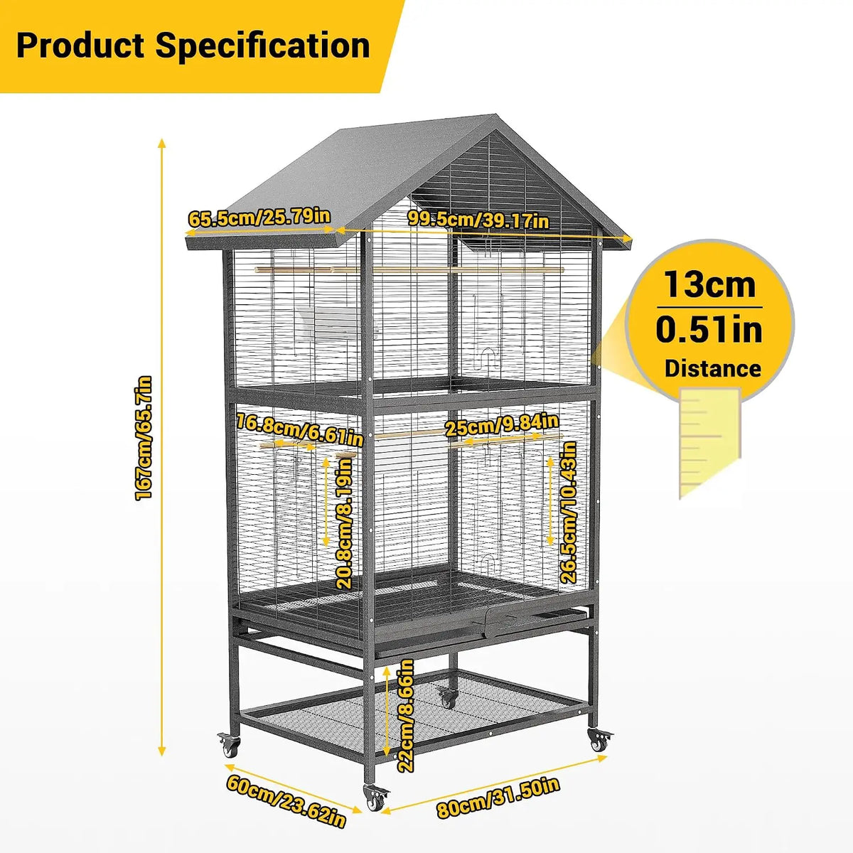 65.7inch Luxury Large Wrought Iron Bird Cage with Rolling Stand, Tray, Feeders, Perches Metal Steel Corner Parrot Canary Aviary Pet House Indoor Outdoor Use