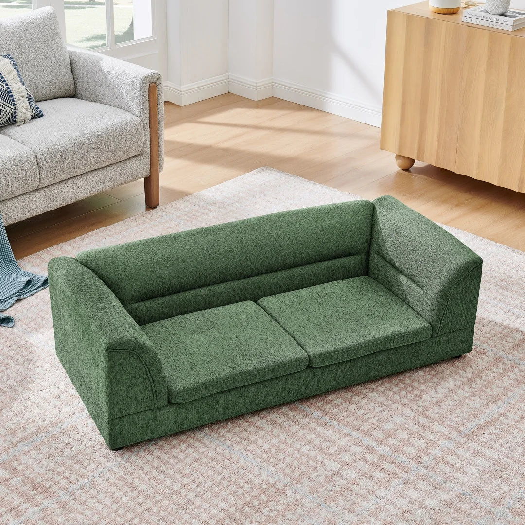 Oversized Pet Sofa Bed for Large Dogs, Olive Green Linen Fabric Dog Couch with Curved Armrests, Raised Minimalist Pet Furniture for Cats & Dogs