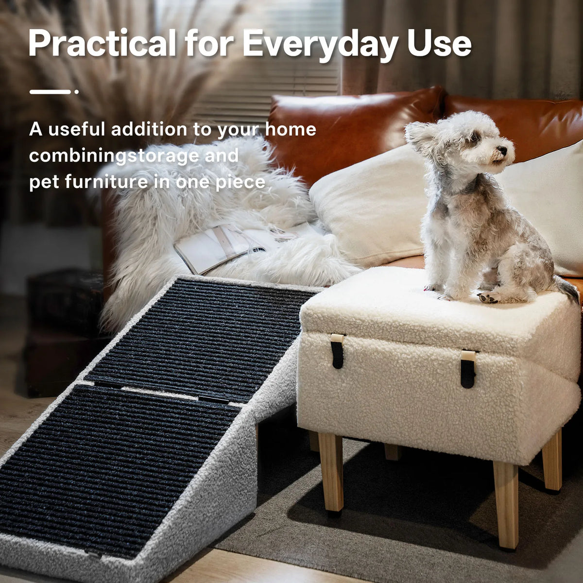 Dog Ramp with Storage for Small Dogs & Cats–1.5ft Pet Stairs,Footstool and Hidden Storage Box,3-in-1 Design,Anti-Slip, Supports up to110lbs, Suitable for Sofas, Beds,and Living Room Use-Beige/Gray