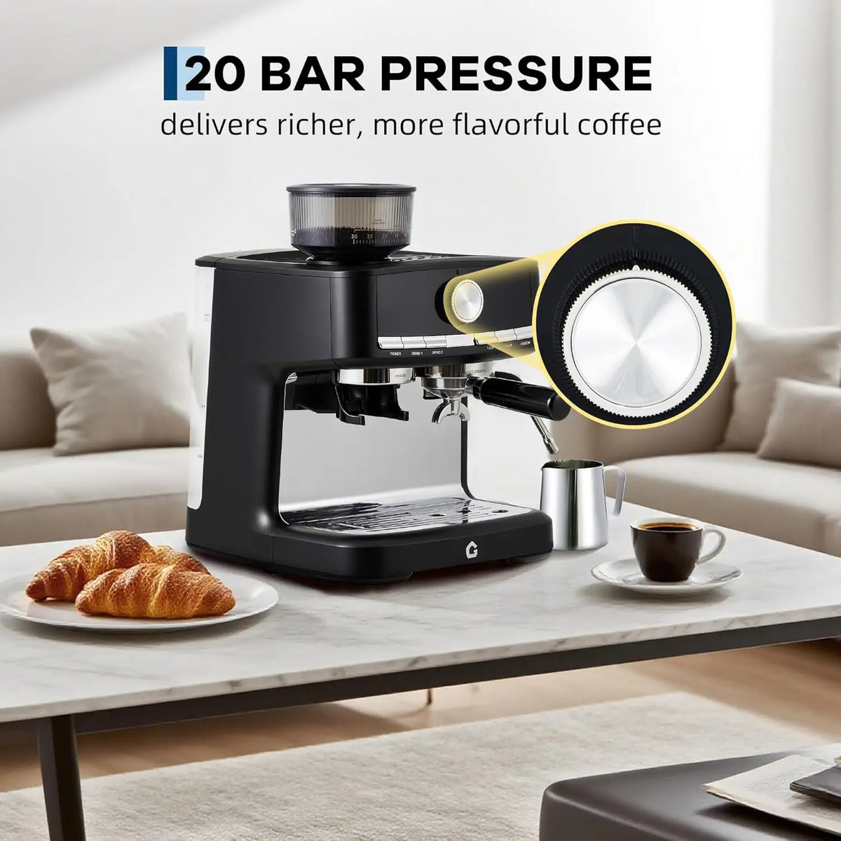 Espresso Machine with Grinder, Italian Semi-Automatic Pressure Coffee Maker with Rich Crema, Compact Lightweight Home Espresso Machine for Cappuccino and Latte