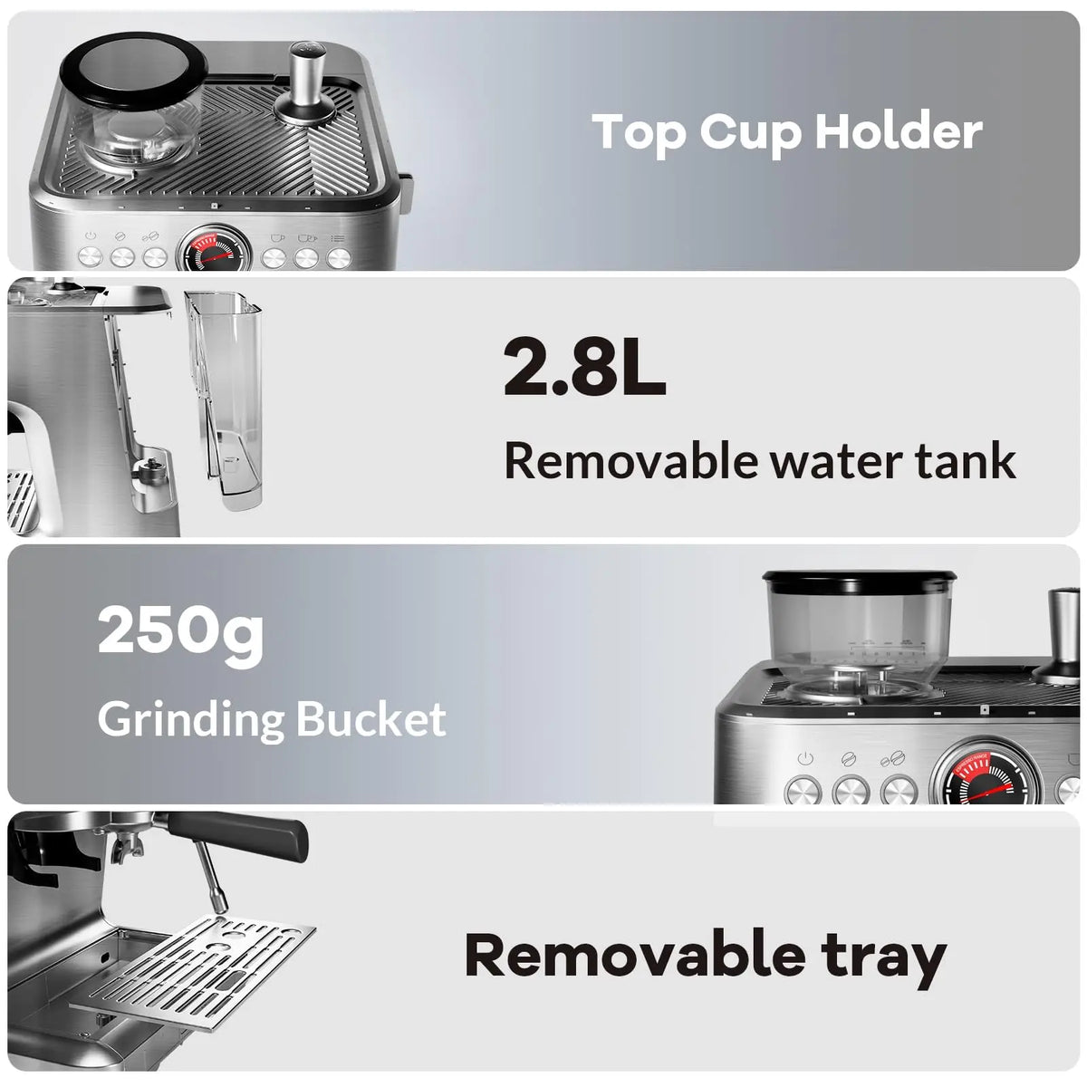 20 Bar Espresso Machine with Grinder & Milk Frother, Coffee Machine with 96Oz Removable Water Tank, Professional Espresso Maker for Home Café, Stainless Steel Coffee Maker for Cappuccino, Latte