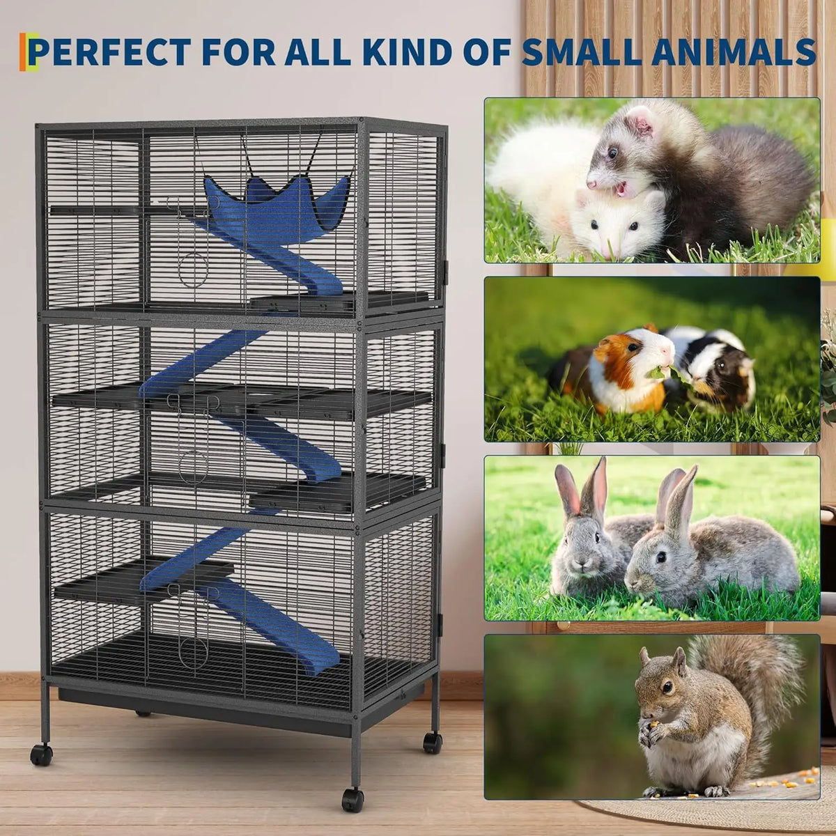 Bird Cage, 6-Tier Animal Cage with Rolling Stand | Metal Parrot Cage with 6 Access Doors, Non-Slip Flannel Ramps & Hammock for Ferret, Guinea Pig, Rabbit & Squirrel