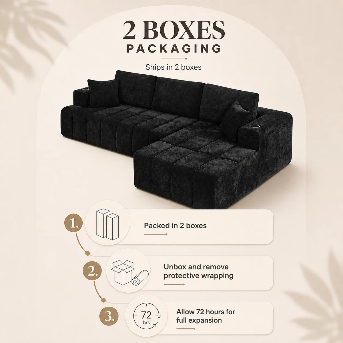 108 Inch L Shaped Boneless Sectional Sofa with Chaise Lounge Cup Holders and Side Storage Pockets Chenille Sofa for Apartment and Home