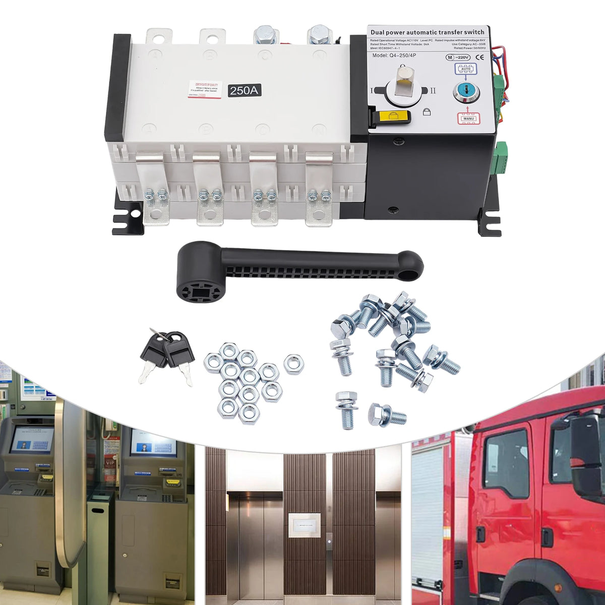Dual Power Automatic Transfer Switch 250A, 4P ATS With Manual/Auto Adjustment & Flame Retardant Resin, Emergency Power Transfer Switch For Factory