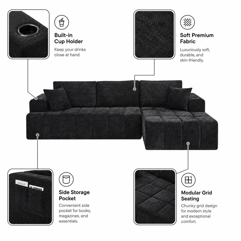 108 Inch L Shaped Boneless Sectional Sofa with Chaise Lounge Cup Holders and Side Storage Pockets Chenille Sofa for Apartment and Home