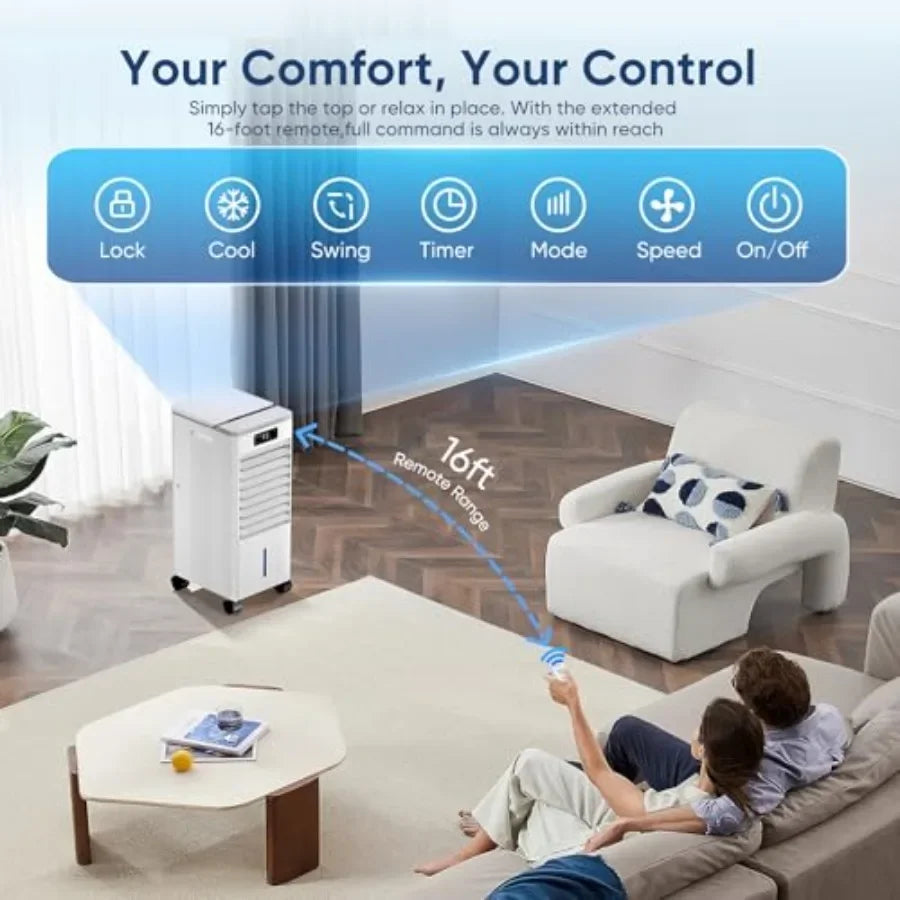 Windowless Portable Air Conditioner for indoor use, plastic housing, white, no-hose evaporative cooling with 3 modes, 3 speeds,
