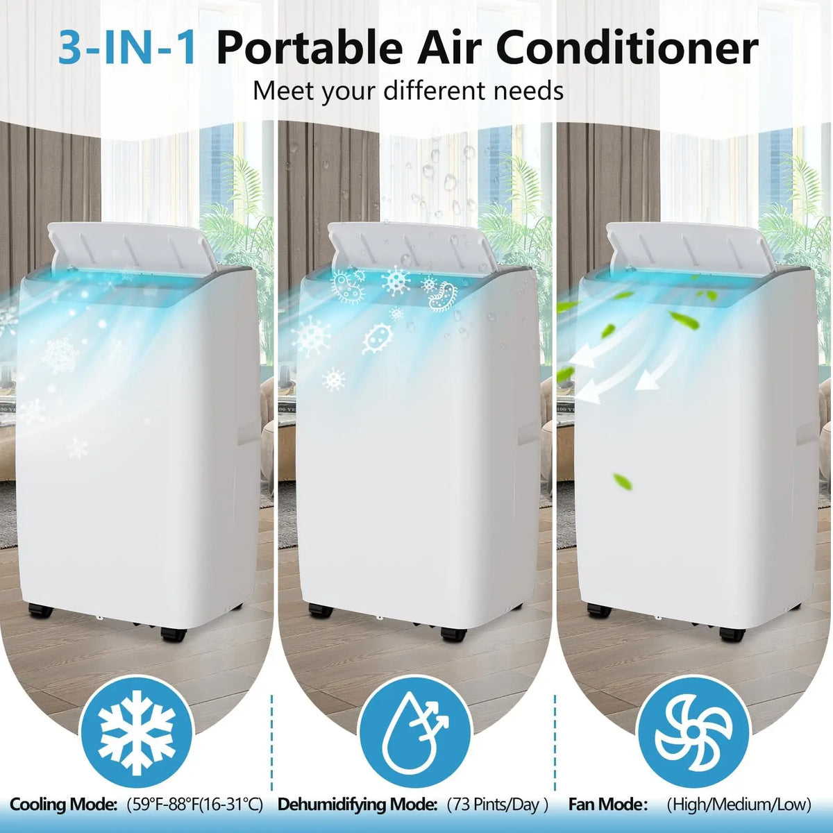 14000 BTU Portable Air Conditioner - 3-in-1 Cooling, Dehumidifier & Fan - Fast Cooling for Rooms up to 750 Sq.Ft - 24H Timer, Auto Swing, Remote Control - Ideal for Home & Office, White