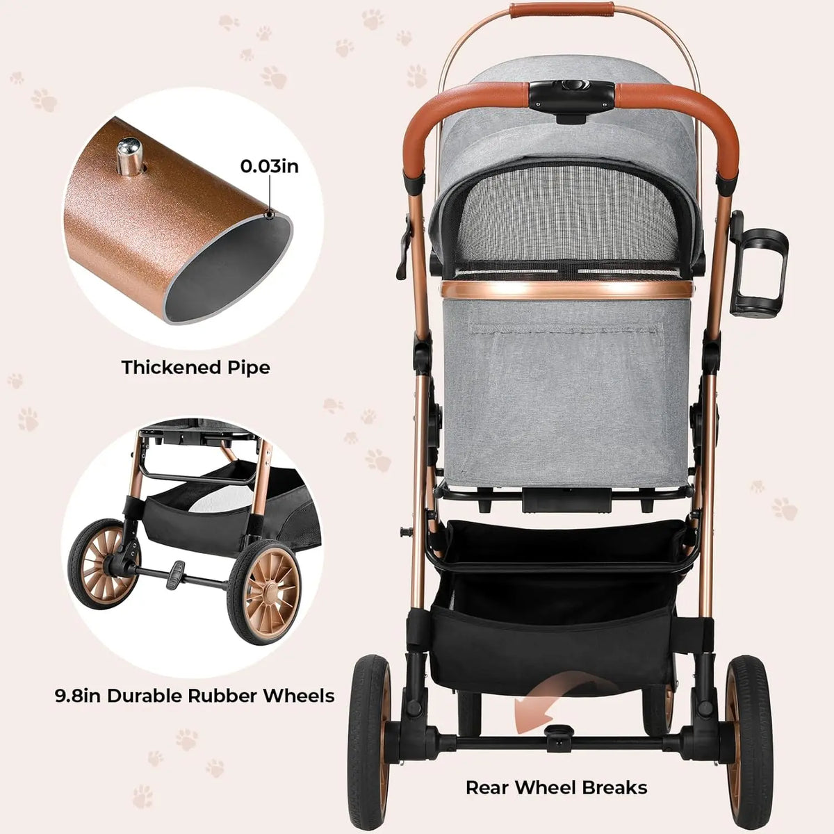 Dog Stroller All-Terrain Pet Stroller with Detachable Carrier One-Click Folding Buggy for Dogs and Cats up to 25kg, 360° Wheels