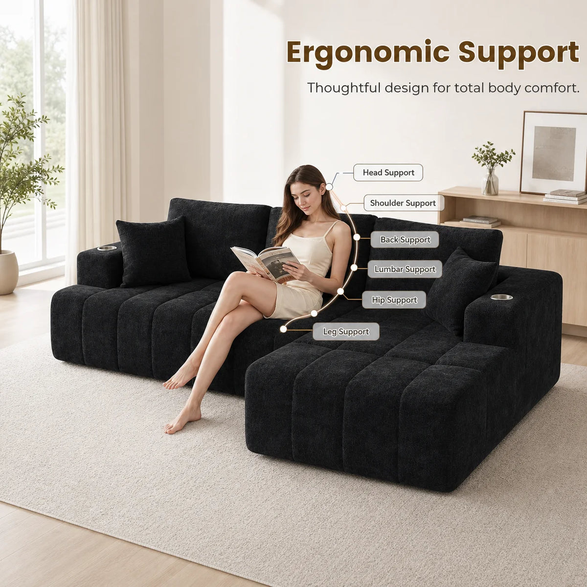 108 Inch L Shaped Boneless Sectional Sofa with Chaise Lounge Cup Holders and Side Storage Pockets Chenille Sofa for Apartment and Home