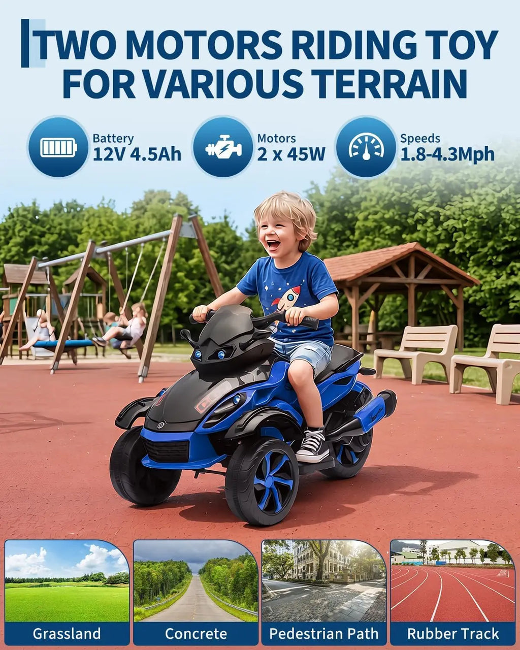 12V Kids Ride On ATV 3 Wheel Electric Motorcycle With LED Lights, Music, Tread Tires, Battery Powered Off Road Toy Ages 3-6