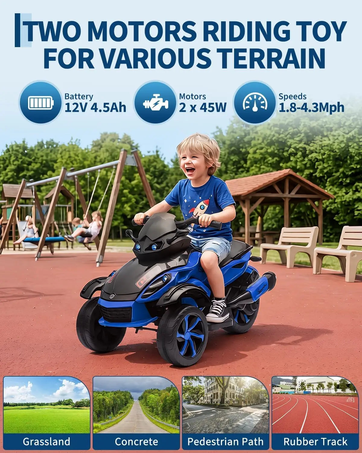 12V Kids Ride On ATV 3 Wheel Electric Motorcycle With LED Lights, Music, Tread Tires, Battery Powered Off Road Toy Ages 3-6