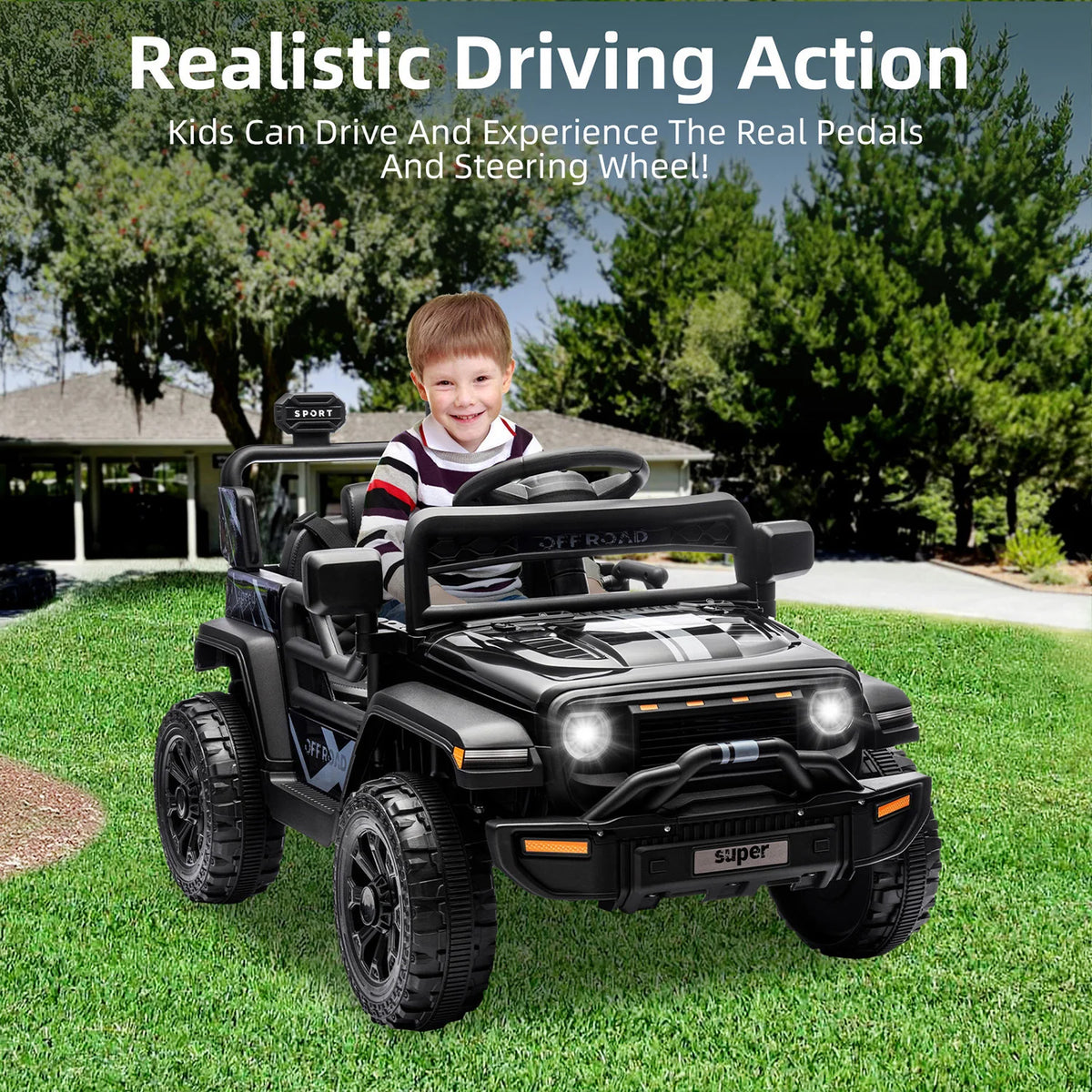 12V Kids Ride On Truck - Battery Powered Electric Car with Remote Control - Dual 25W Motors - 4-Wheel Spring Suspension - LED Headlights - Music Player - 2 Speeds - For Boys & Girls Ages 3-5