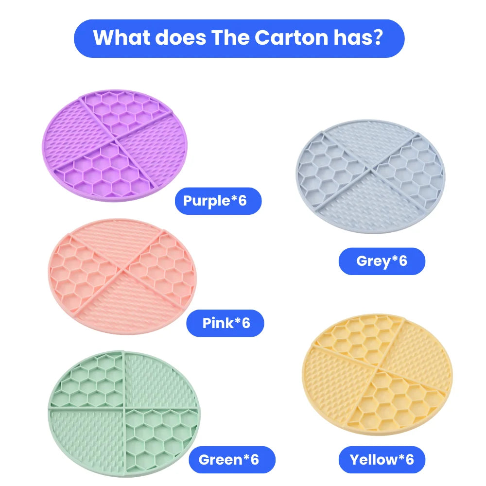 30PCS/Carton Silicone Dog Lick Mats Slow Feeder Pet Feeding Mats with Suction Cups Honeycomb Texture for Dogs Cats 5 Colors Mixed