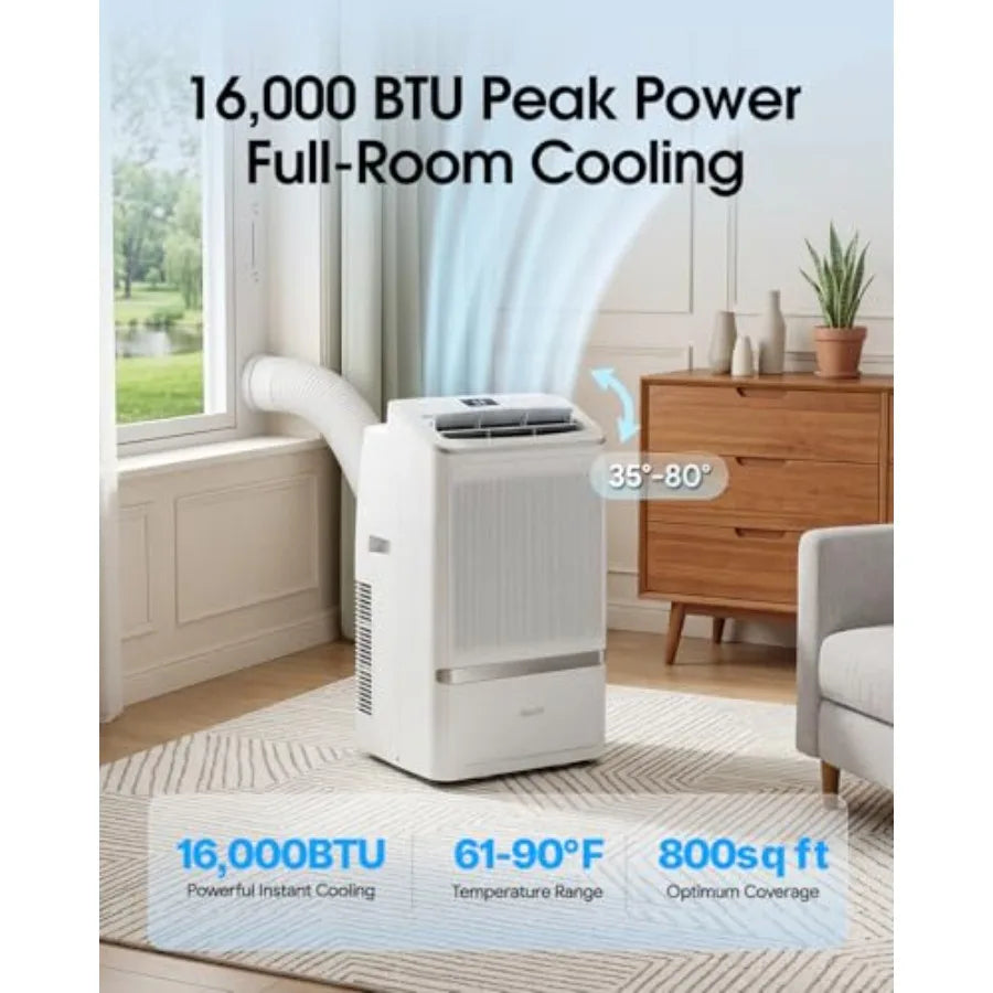 Portable Air Conditioners for home use, ABS plastic body, white color, 16000 BTU cooling for 800 sq ft with drainage-free cooli