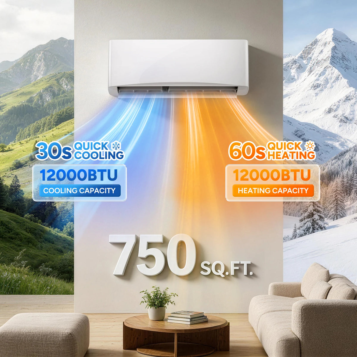12000 BTU Split Air Conditioner and Heating System with Inverter, Optimized Operation 115V/230V AC Unit, Complete Installation Kit, Ideal For Home Office Garage