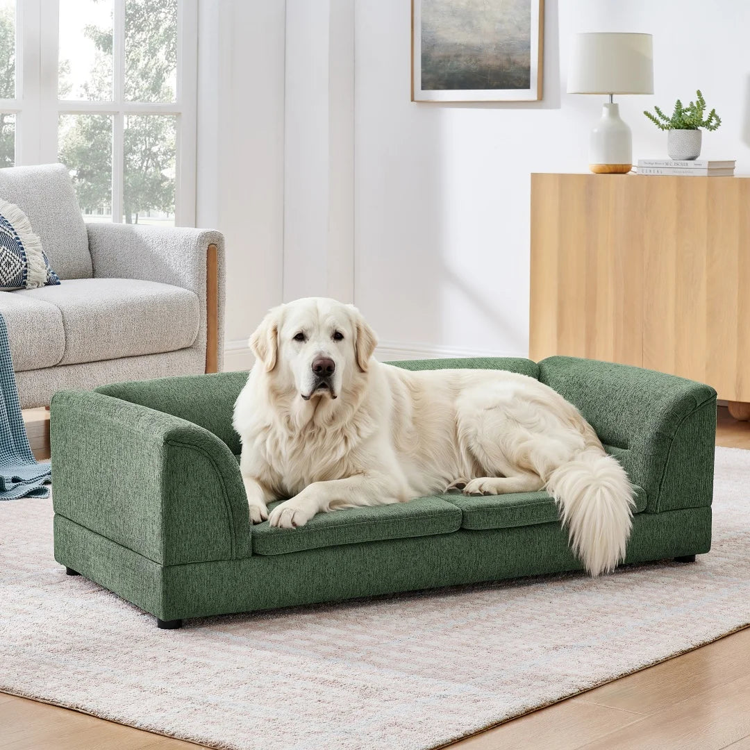 Oversized Pet Sofa Bed for Large Dogs, Olive Green Linen Fabric Dog Couch with Curved Armrests, Raised Minimalist Pet Furniture for Cats & Dogs