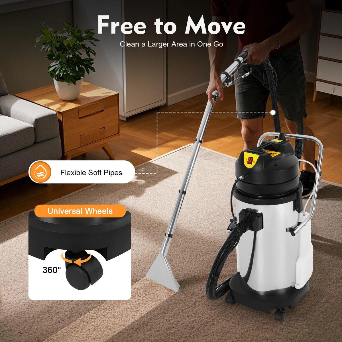 Carpet Cleaning Machine Vacuum Cleaner, Floor Cleaning Machine Circulating Air Cooling  2.64Gal Clean Water Tank, 10.56Gal Waste Tank, Spray and Suction, for Couch Sofa Carpet, Easy Move with Wheels