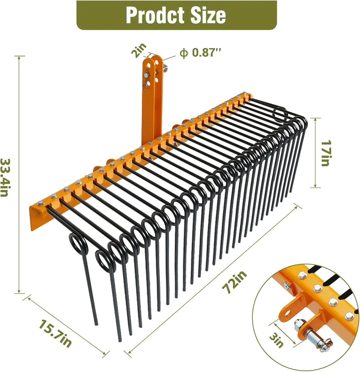72inch Farming Rake Rake Pine Soil Rake with 30 Spring Tines Powder-Coated Steel Landscape Rake for Leaves, Grass & Dethatching – Fits Cat-0/Cat-1 Tractors with 3-Point Hitch