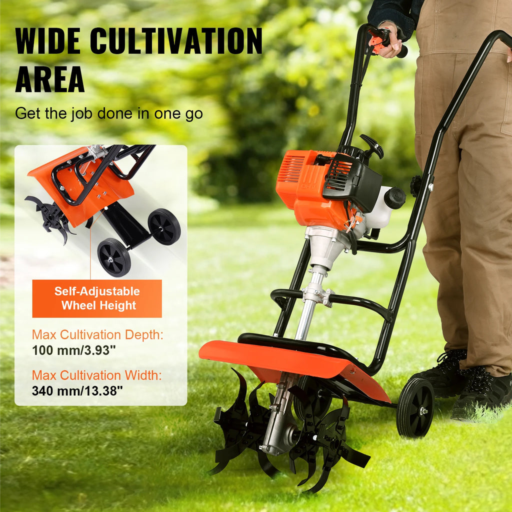 SucceBuy Tiller Cultivator Gas Powered 38CC Garden 4 Steel Adjustable Front Tines For Lawn Garden and Field Soil Cultivation