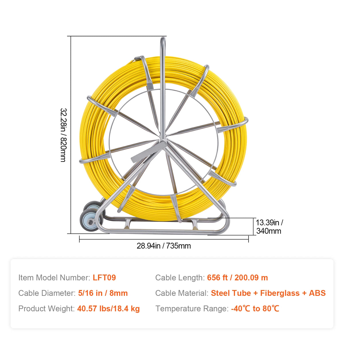 SucceBuy Fish Tape Fiberglass 656ft 5/16in Duct Rodder Wire Puller, Fishing Tools for Walls & Electrical Conduit, Non-Conductive