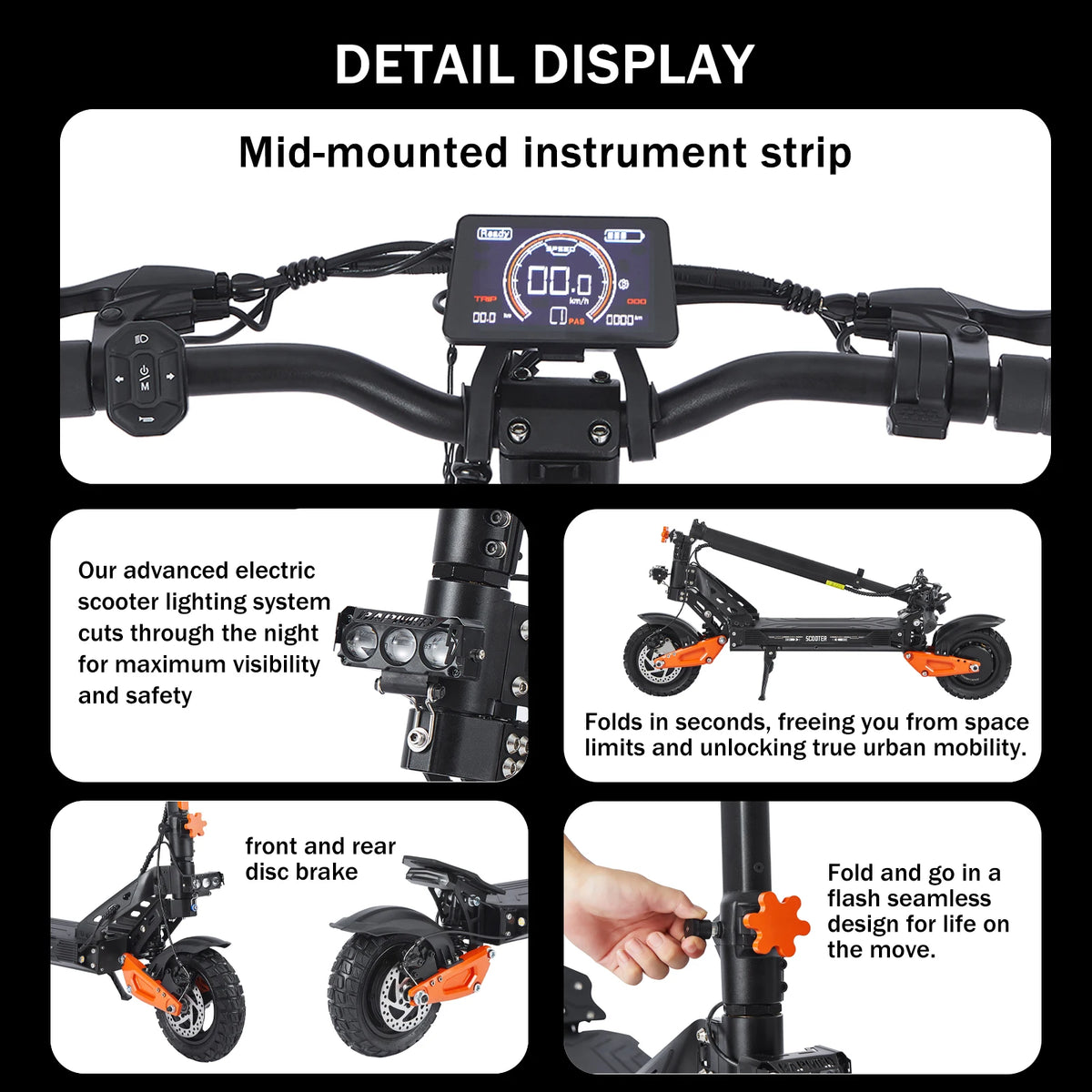 Single Drive Foldable Two-wheel Electric Scooter 1200W Brushless Motor 48V 18Ah Lithium Battery 50-60km Range