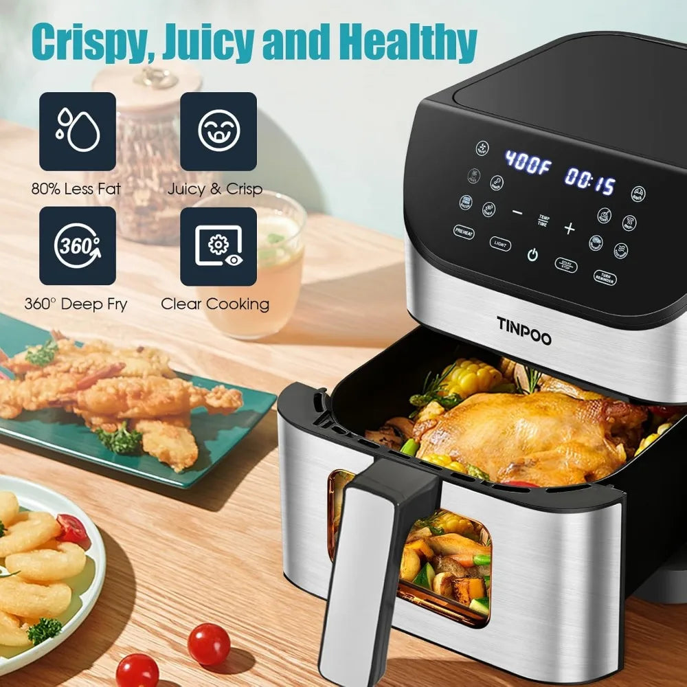 Large Capacity Oilless Air Fryer 1500W with 10 Presets Visible Window Nonstick Basket Healthy Cooking