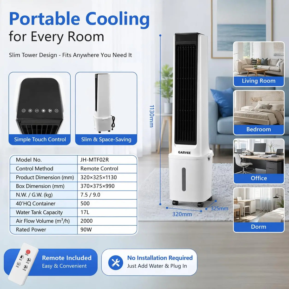 Portable Air Conditioners, 3 in 1 Evaporative Air Cooler, Swamp Cooler Fan with 4.5 gal Water Tank, Remote & Timer, 3 Speeds, Wide 60° Oscillation, Blows Cold Air for Home Office, Workshop and Garage