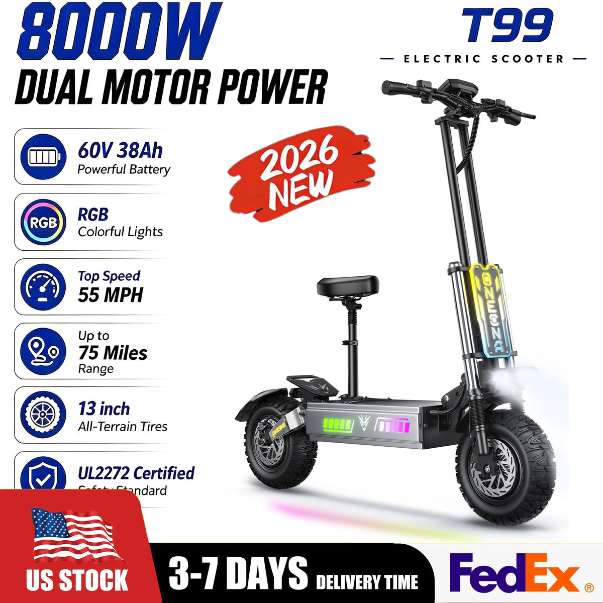 ONECNA T99 8000W Dual Motor Adult Off‑Road Electric Scooter, 60V 38Ah Battery, 55MPH Max Speed, 75 Miles Long Range, All‑Terrain 13" Tires, NFC Card & App Control, Dual Front Rear Suspension UL2272 Certified