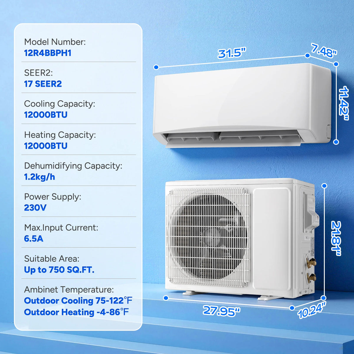 12000 BTU Split Air Conditioner and Heating System with Inverter, Optimized Operation 115V/230V AC Unit, Complete Installation Kit, Ideal For Home Office Garage