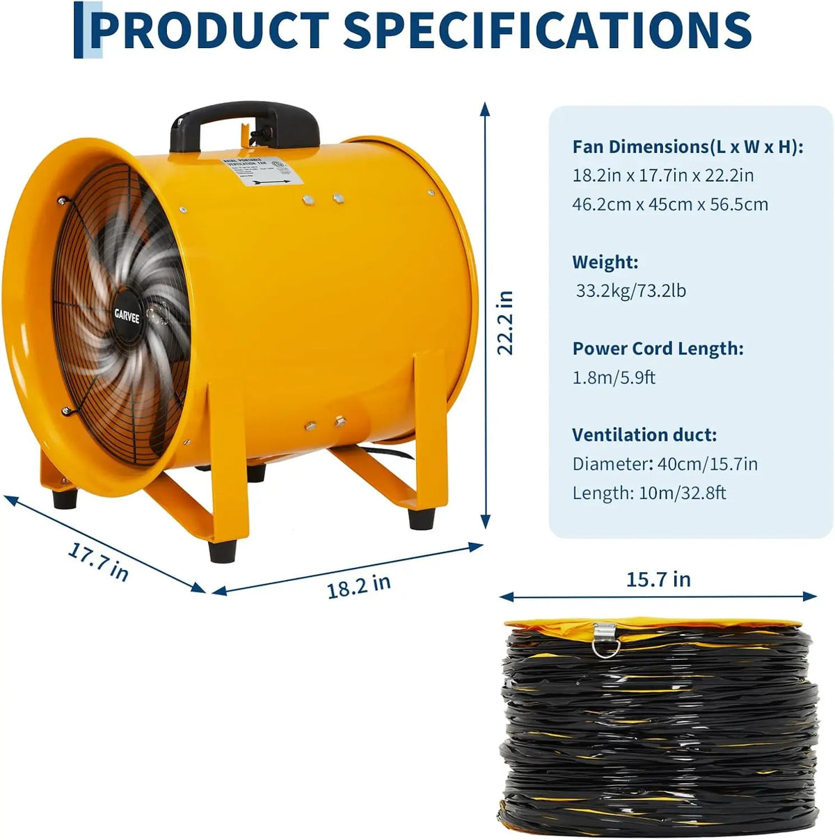 16 Inch Air Mover Blower Fan, 5500 CFM Heavy Duty Industrial Exhaust Fan, 2-Speed Adjustable with 32.8 ft Flexible Duct, Low Noise Portable Blower for Construction, Workshop