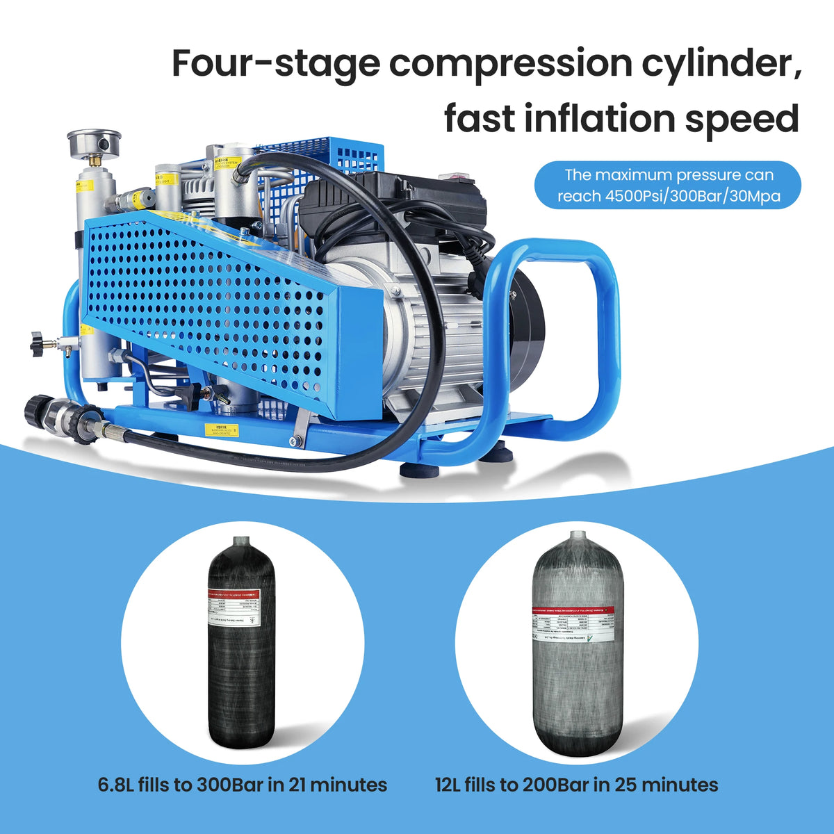 TUXING 4500psi PCP Air Compressor 300Bar Four-stage High Pressure Compressor for Diving Scuba Snorkeling Fire Fighting 100L/min