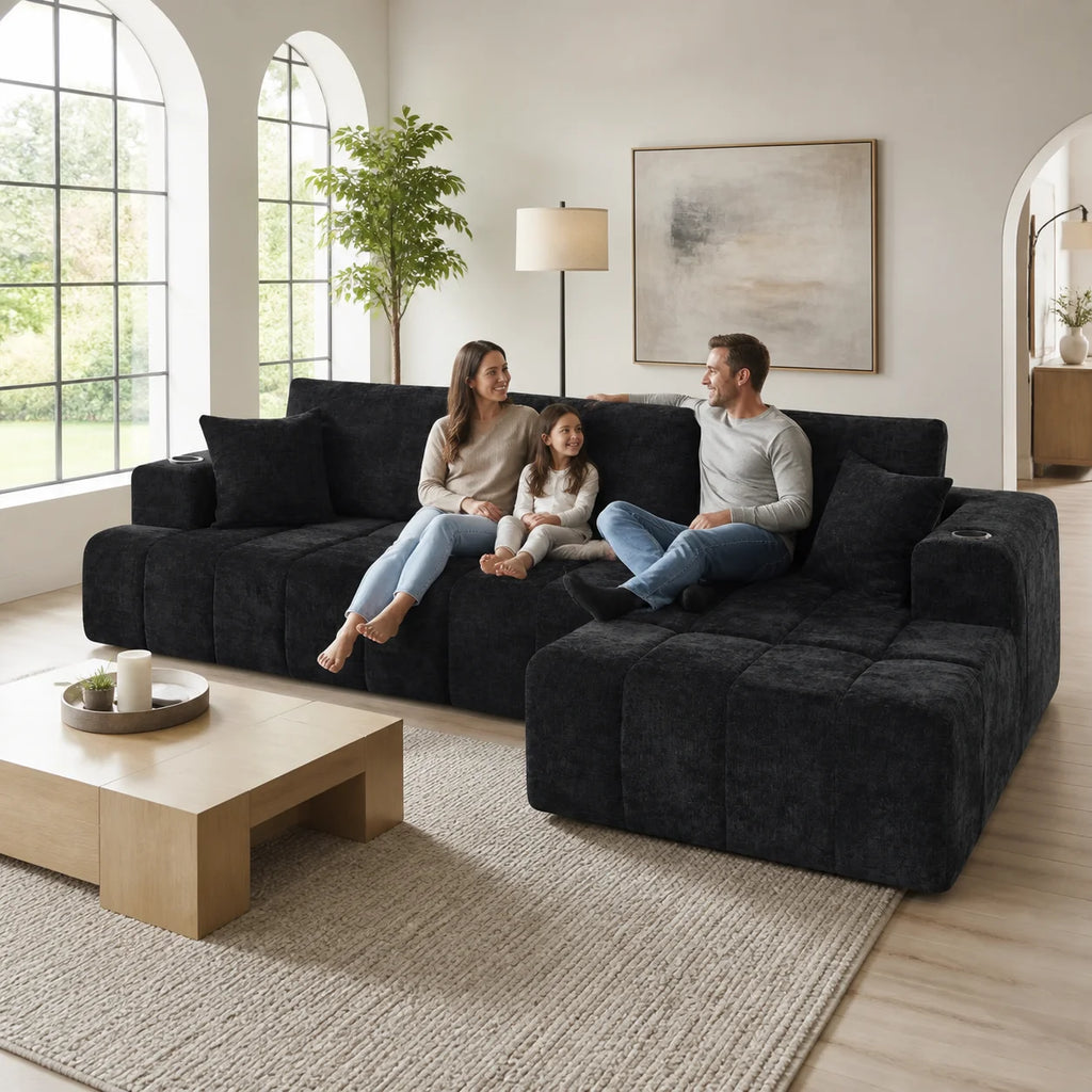 108 Inch L Shaped Boneless Sectional Sofa with Chaise Lounge Cup Holders and Side Storage Pockets Chenille Sofa for Apartment and Home