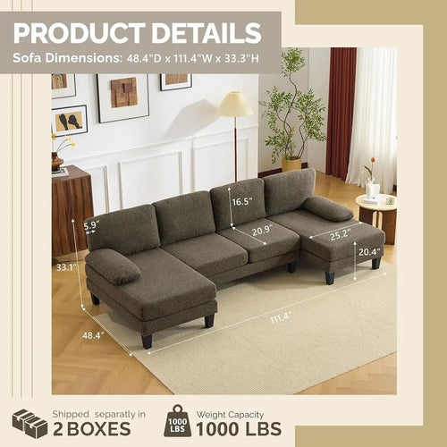 110' U-Shaped Sectional Couch with Two Chaise, Aordable Small Soa with 4 Seats, Chenille abric Comy Couches or Living Room, k Br