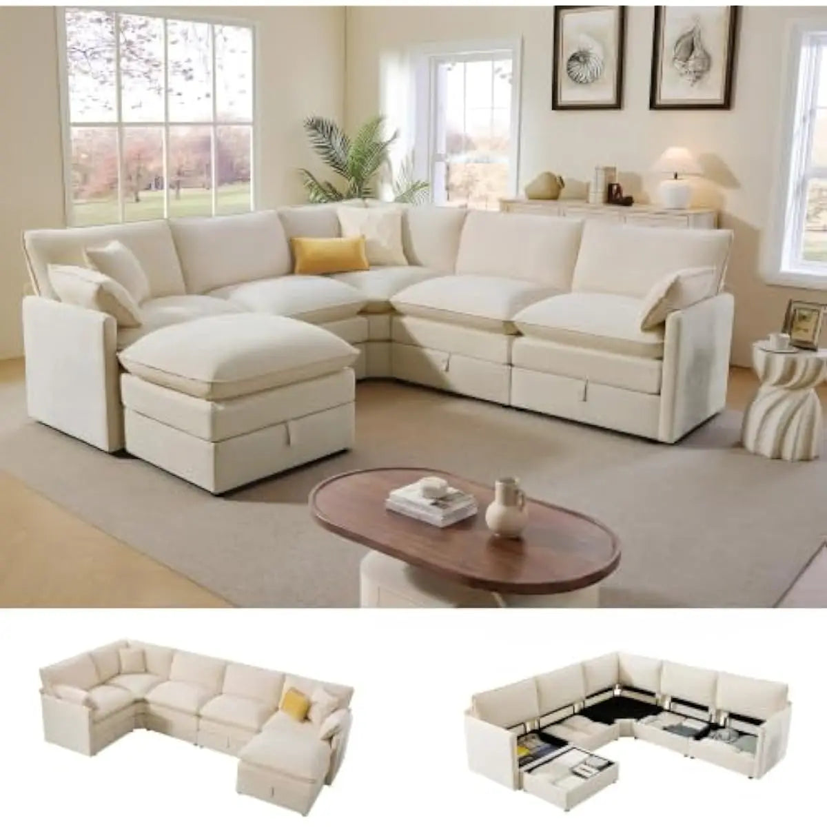 103-inch L-shaped modular sectional sofa with concealed under-seat storage compartments, deep 25-inch chenille seating, dual-lay